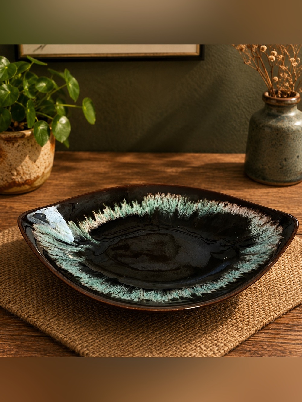 CÉRAMIQUE DE BEAUCE GREEN DRIP GLAZE OBLONG DISH – MODEL 1435